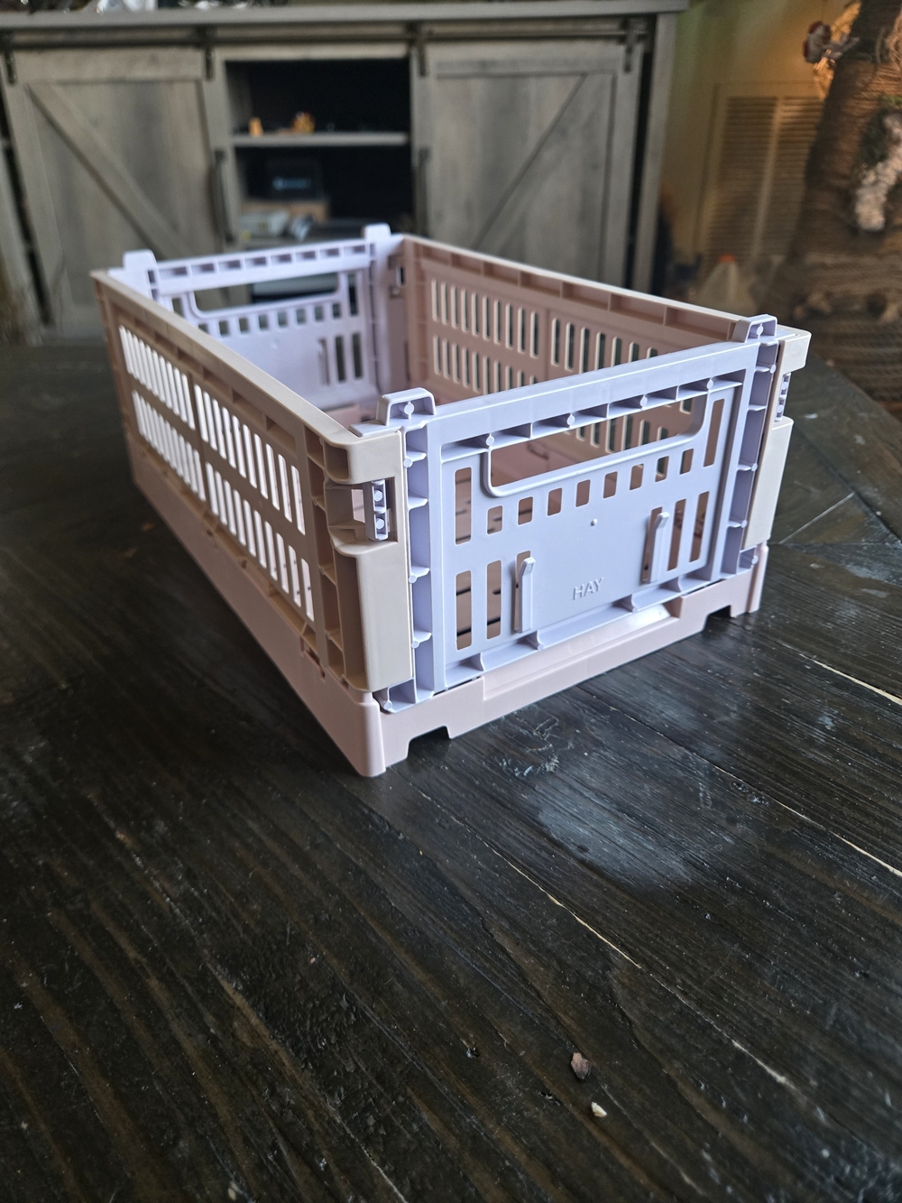 Collapsible Plastic Storage Crate in Light Lavender